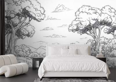 Line art illustration showcasing trees in a natural setting Wall mural