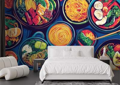 Line art illustration showcasing vibrant colors of noodle dishes Wall mural