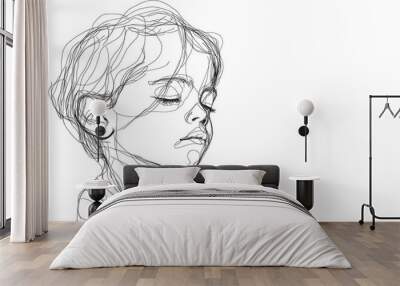 Minimalist continuous line drawing of a child featuring simplicity and elegance with black lines on a white background Wall mural