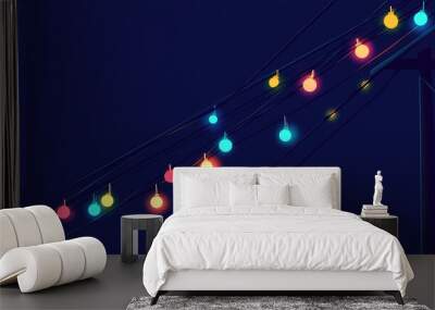 Minimalist line art illustration featuring a street cable adorned with colorful lights arranged diagonally Wall mural