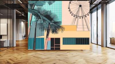 Minimalist line art illustration of a building exterior featuring pastel colors geometric lines palm trees and a ferris wheel in the background Abstract colorful architectural design in vertical o Wall mural