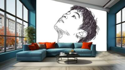 One line drawing of an Asian man s face looking upwards seeking information set against a white background Boy s line art illustration Wall mural