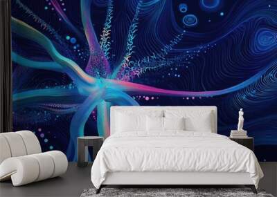 Stylized line art of a neuron cell featuring a futuristic design vibrant swirled patterns and abstract fractal elements in a visually striking and imaginative style Wall mural