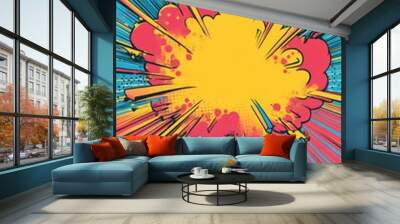 Vibrant line art illustration inspired by Pop art featuring a cartoon style radial explosion with colorful stripes in a vintage halftone design and horizontal line effects Wall mural