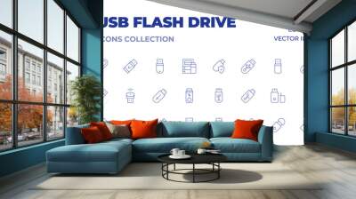 Usb flash drive icons collection. Thin Line icons, editable stroke. USB flash drive, encryption software, portable SSD, USB-C, data recovery Wall mural