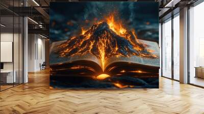 A fiery volcano erupts from an open book, symbolizing the power and intensity of knowledge. Wall mural