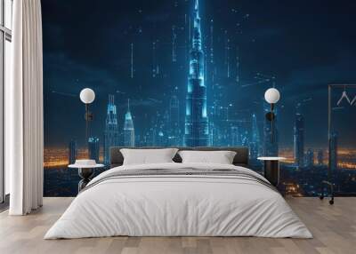 A futuristic cityscape with a towering skyscraper emitting blue digital energy. Wall mural