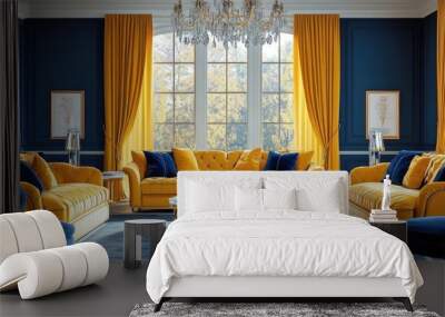 A luxurious living room with yellow velvet sofas, blue armchairs, and gold accents, set against a backdrop of blue walls and yellow curtains. Wall mural