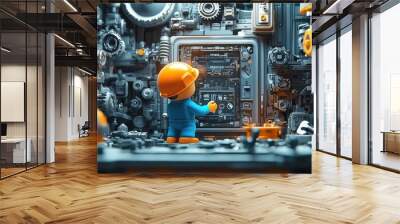 A small toy worker stands in front of a large, complex machine made of gears, wheels, and other mechanical parts. Wall mural