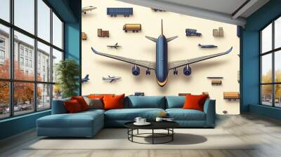 Airplane surrounded by delivery trucks and cargo planes, representing global logistics and shipping. Wall mural