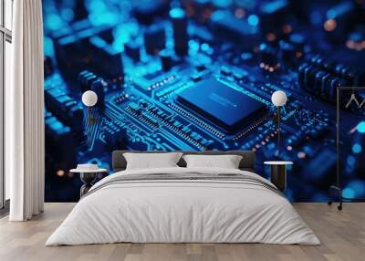 Close-up of a Blue Illuminated Circuit Board with a Microchip Wall mural