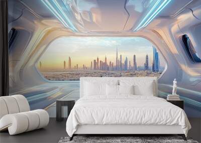 Futuristic Spaceship Window View of Dubai Skyline Wall mural