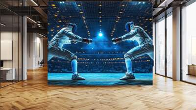 Two fencers face off in a dramatic competition with a blurry audience in the background. Wall mural