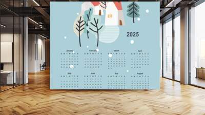 Calendar vector template for year 2025 with smoll home and trees on pastoral landscape. Isolated calendar dates Wall mural