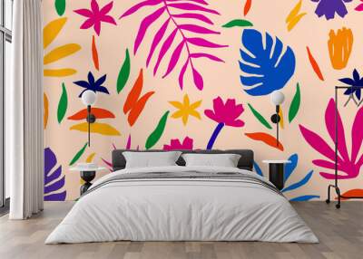 Colorful organic shapes doodle collection. Cute botanical shapes, random childish doodle cutouts of tropical leaves and flowers, decorative abstract art vector illustration Wall mural