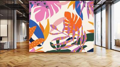 Colorful vector background with scattered abstract leaves, flowers and other botanical elements. Random cutout tropical foliage collage, ornamental texture, cute decorative pattern Wall mural