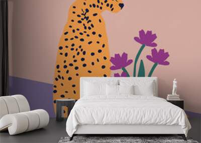 Leopard with vase and flowers flat vector illustration background Wall mural