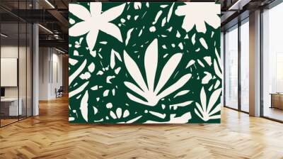 Monochromatic vector background with scattered abstract leaves, flowers and other botanical elements. Random cutout dark green tropical foliage collage, ornamental texture, cute decorative pattern Wall mural