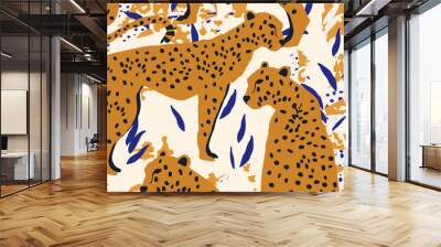 Trendy and modern wildlife pattern with leopards. Leopards and leaves vector illustration design Wall mural