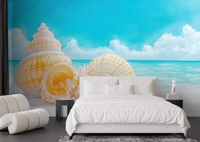 A beautiful display of seashells on a sandy beach, with a vibrant blue ocean and fluffy clouds in the background. Wall mural