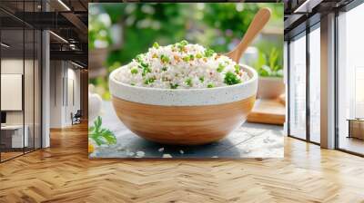 A fresh bowl of healthy rice topped with green onion and herbs, perfect for a vibrant meal or cooking inspiration. Wall mural