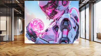 A futuristic robot holding a glowing pink energy orb with a background of a cityscape at sunset. Wall mural