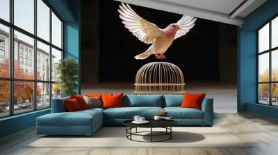 A graceful bird soaring above a delicate cage, symbolizing freedom and hope, captured beautifully in a serene environment. Wall mural