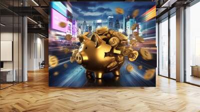 A surreal 3D rendering of a golden piggy bank bursting with coins against a vibrant urban skyline, symbolizing wealth and prosperity in a creative digital landscape. Wall mural