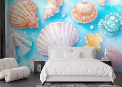 A vibrant collection of various seashells against a soft blue background, perfect for beach and ocean-themed designs. Wall mural