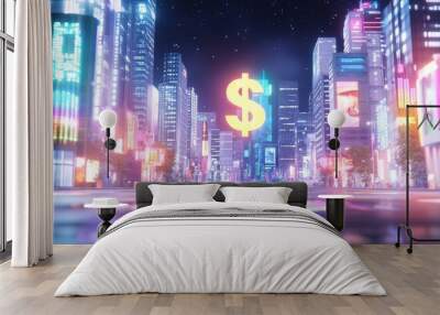 Vibrant cityscape at night featuring a glowing dollar sign, showcasing urban life and neon lights in a financial hub. Wall mural