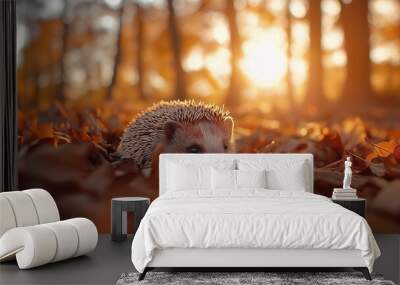 A cinematic scene of a hedgehog nestled deep within a pile of fallen leaves in a quiet, secluded part of the forest Wall mural