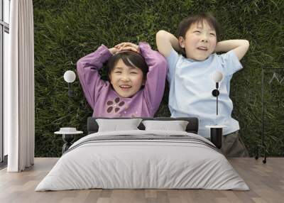 Young Boy And Girl Laying In The Park Looking At The Sky Wall mural