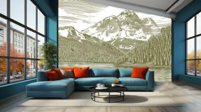 woodcut-style illustration of a mountain lake landscape. Wall mural