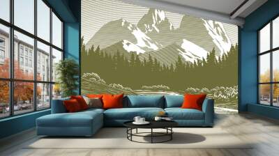 woodcut-style illustration of a mountain lake scene. Wall mural