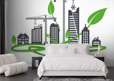 green urban development concept. cityscape with ongoing construction surrounded by green leaves. ful Wall mural