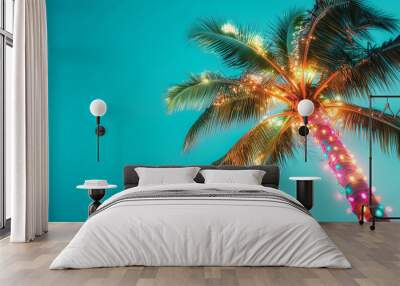 A vibrant palm tree with colorful lights against a clear blue sky Wall mural