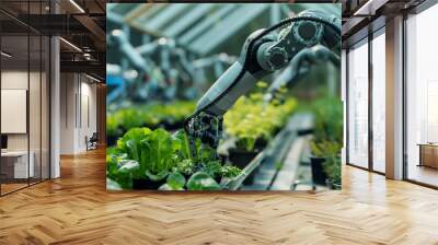 Automated greenhouse robotic arms nurturing lettuce, ideal for agricultural technology promotions Wall mural