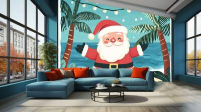 Cartoon Santa on the beach with presents and tropical decor Wall mural