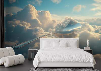 Creative concept of a spoon reflecting a cloud, suitable for advertising kitchenware with an imaginative twist Wall mural