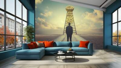 Man standing before a monumental golden keyhole-shaped coin structure Wall mural