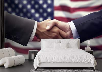 Professional handshake against American flag for political agreements, election campaigns, or national events. Ideal for website design, editorial content, and social media posts. Wall mural