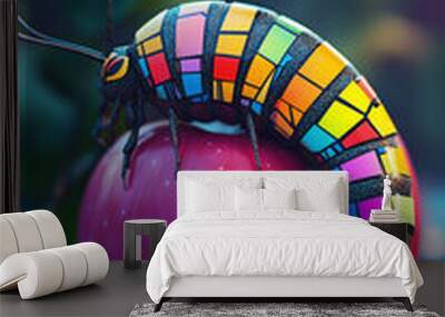 Rainbow striped mechanical caterpillar on an apple in nature Wall mural