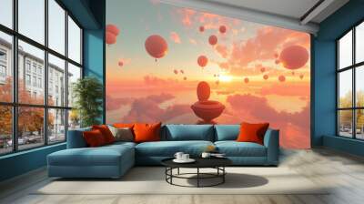 Toilet bowl with balloons floating at sunset over water Wall mural