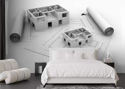 3d architecture house blue print plan. Wall mural