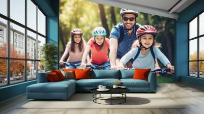 A family gearing up for a bike ride, with everyone wearing properly fitted helmets to showcase the importance of bicycle safety. Generative AI Wall mural