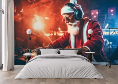 A lively Christmas party featuring Santa Claus as the DJ in a festive outfit, mixing tracks on a DJ mixer. The party is filled with energy and holiday cheer. Generative AI Wall mural