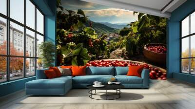 a lush coffee plantation, embodying a peaceful, warm, and sunny atmosphere. wooden bowls filled with Wall mural