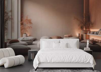 A peaceful image of a meditation room: The image could show a quiet room with people sitting on cushions and meditating. Muted color palette to create a sense of tranquility. Generative AI Wall mural