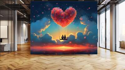 A surreal illustration of a couple sitting on a cloud, with their hearts connected by a string of colorful balloons, vivid sunset sky, representing the joy and happiness found in love. Generative AI Wall mural