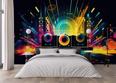 Abstract vector poster with colorful dj console, big speakers, fireworks, light bulbs, glitter, people dance, equalizer bars in background. Concept dance party. Generative AI Wall mural